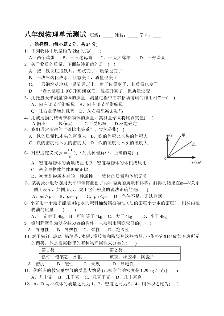 八年级物理下学期第一次月考试卷(含答案)_第1页