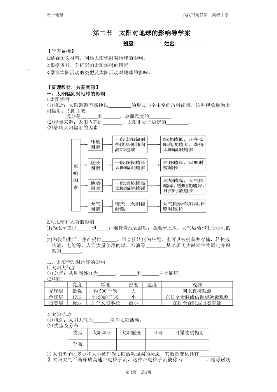 太阳对地球的影响（导学案+练习）_第1页
