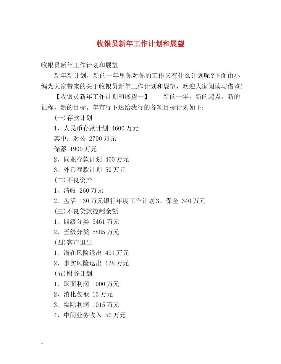 收银员新年工作计划和展望 _第1页