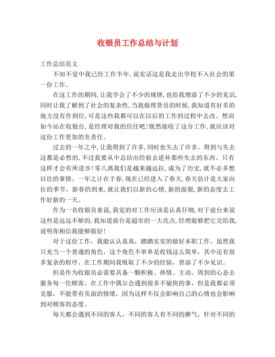 收银员工作总结与计划 _第1页