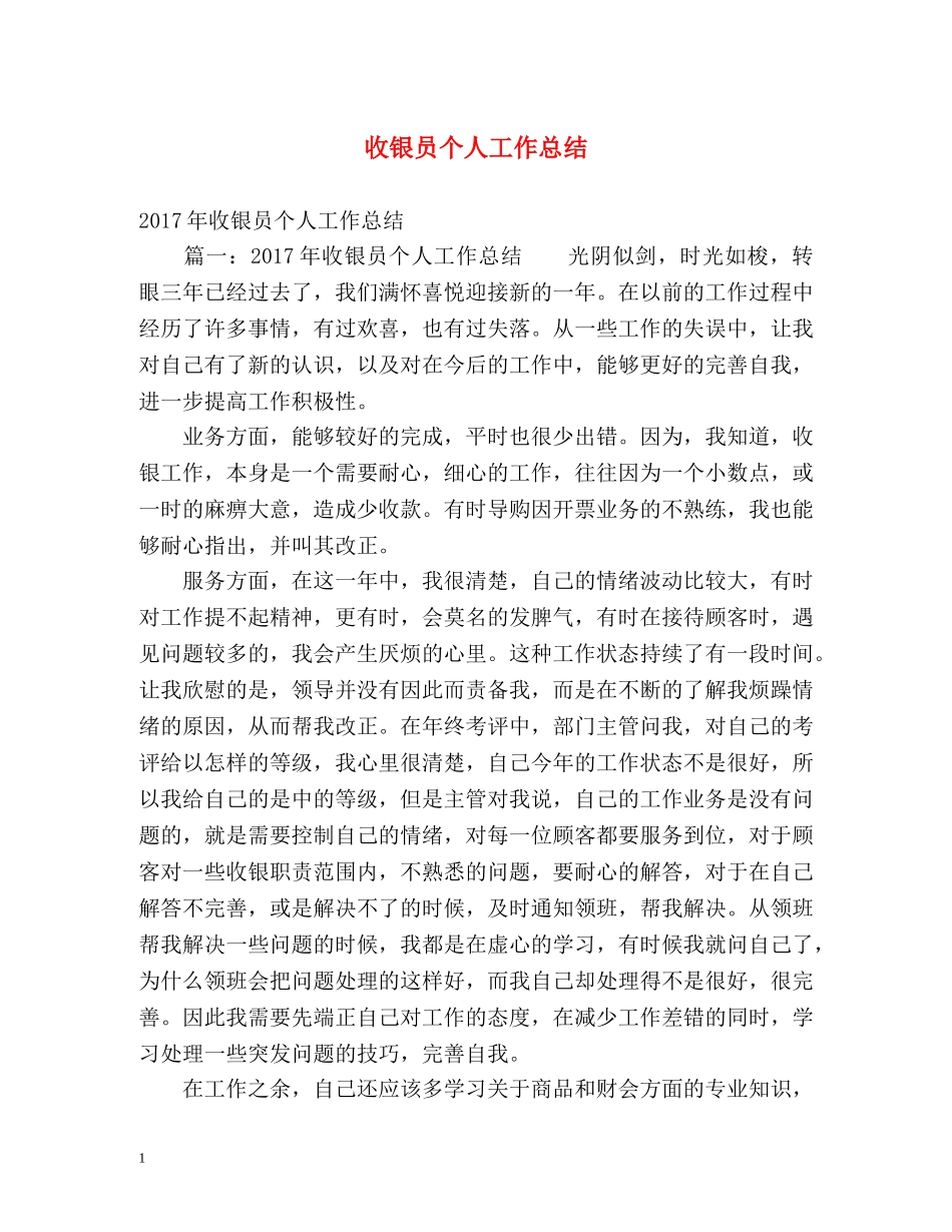 收银员个人工作总结 _第1页