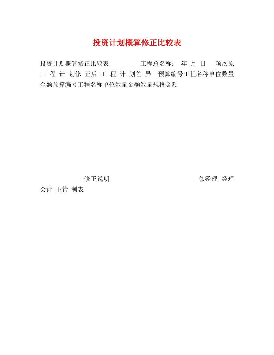 投资计划概算修正比较表 _第1页