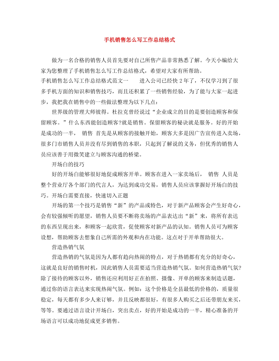 手机销售怎么写工作总结格式 _第1页