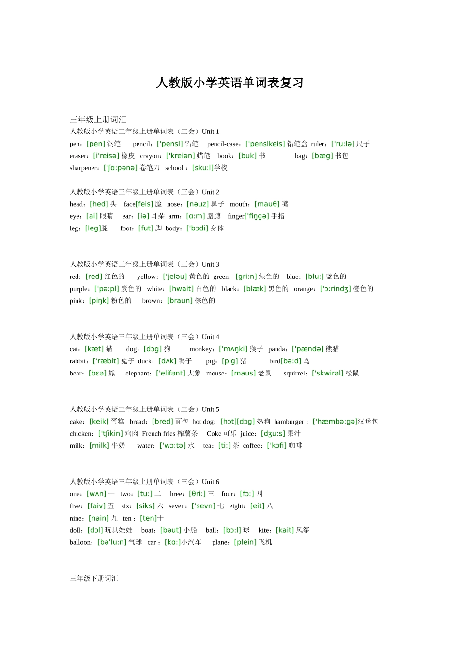 人民教育出版社小学英语单词表学习资料_第1页