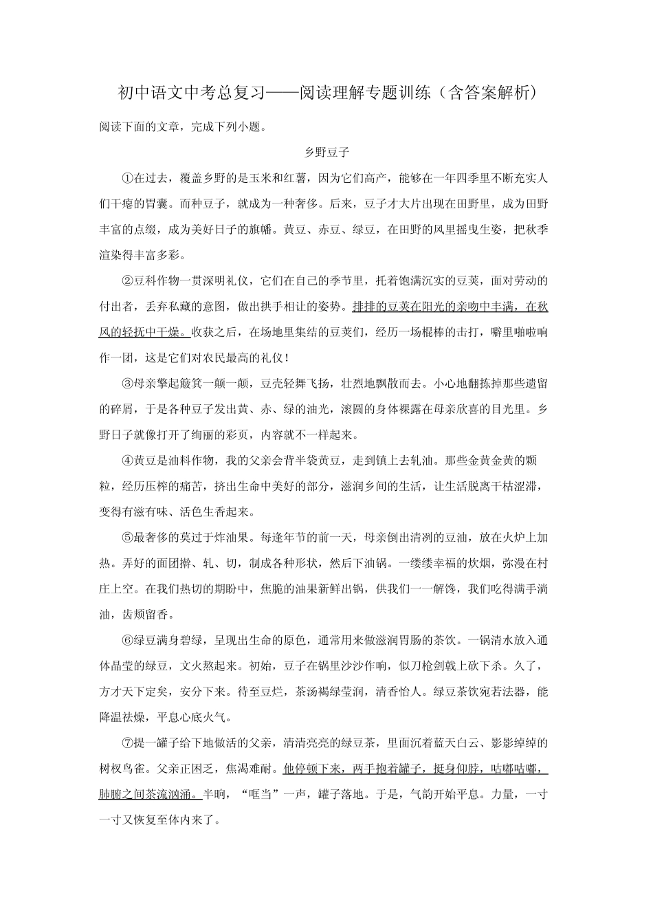 初中语文中考总复习阅读理解专题训练(乡野豆子) _第1页
