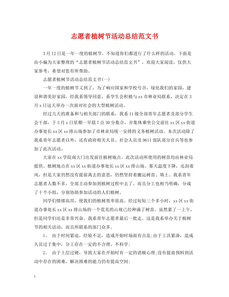 志愿者植树节活动总结范文书_第1页