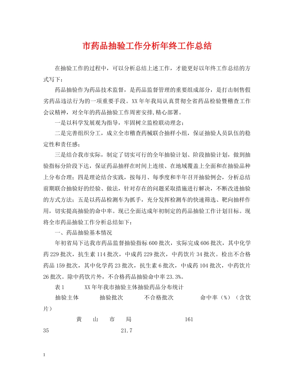 市药品抽验工作分析年终工作总结 _第1页