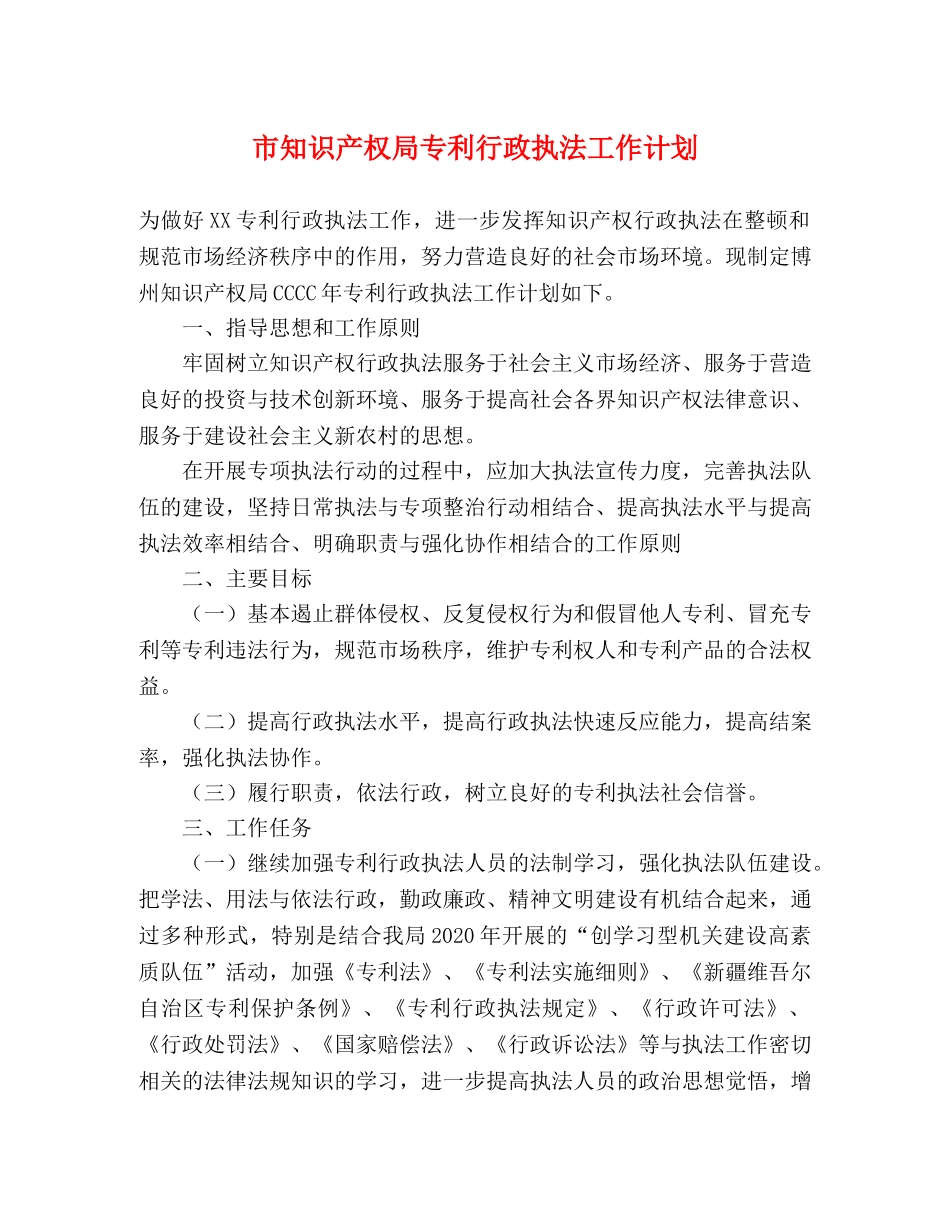市知识产权局专利行政执法工作计划 _第1页