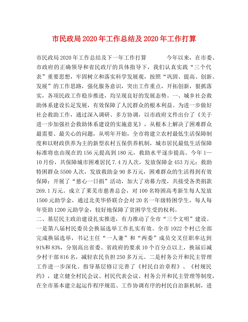 市民政局2020年工作总结及2020年工作打算 _第1页