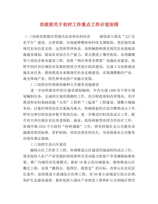 市政府关于农村工作重点工作计划安排 