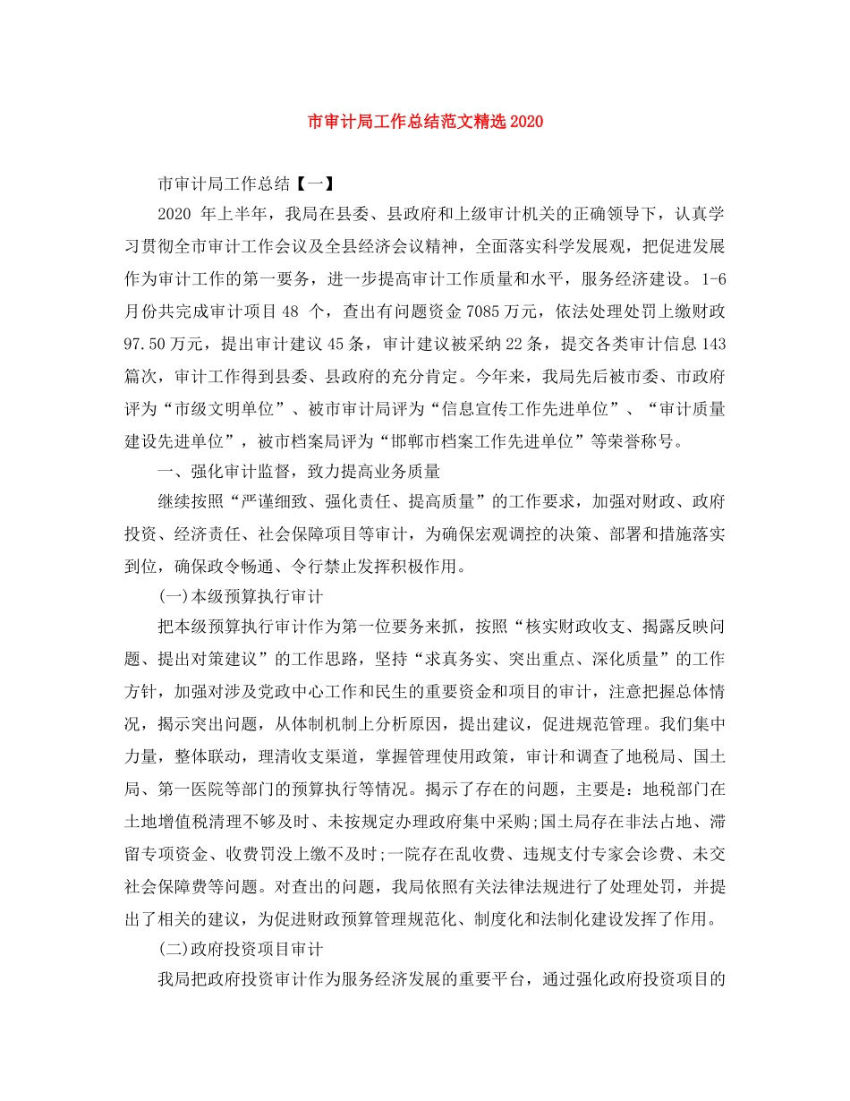 市审计局工作总结范文精选2020 _第1页