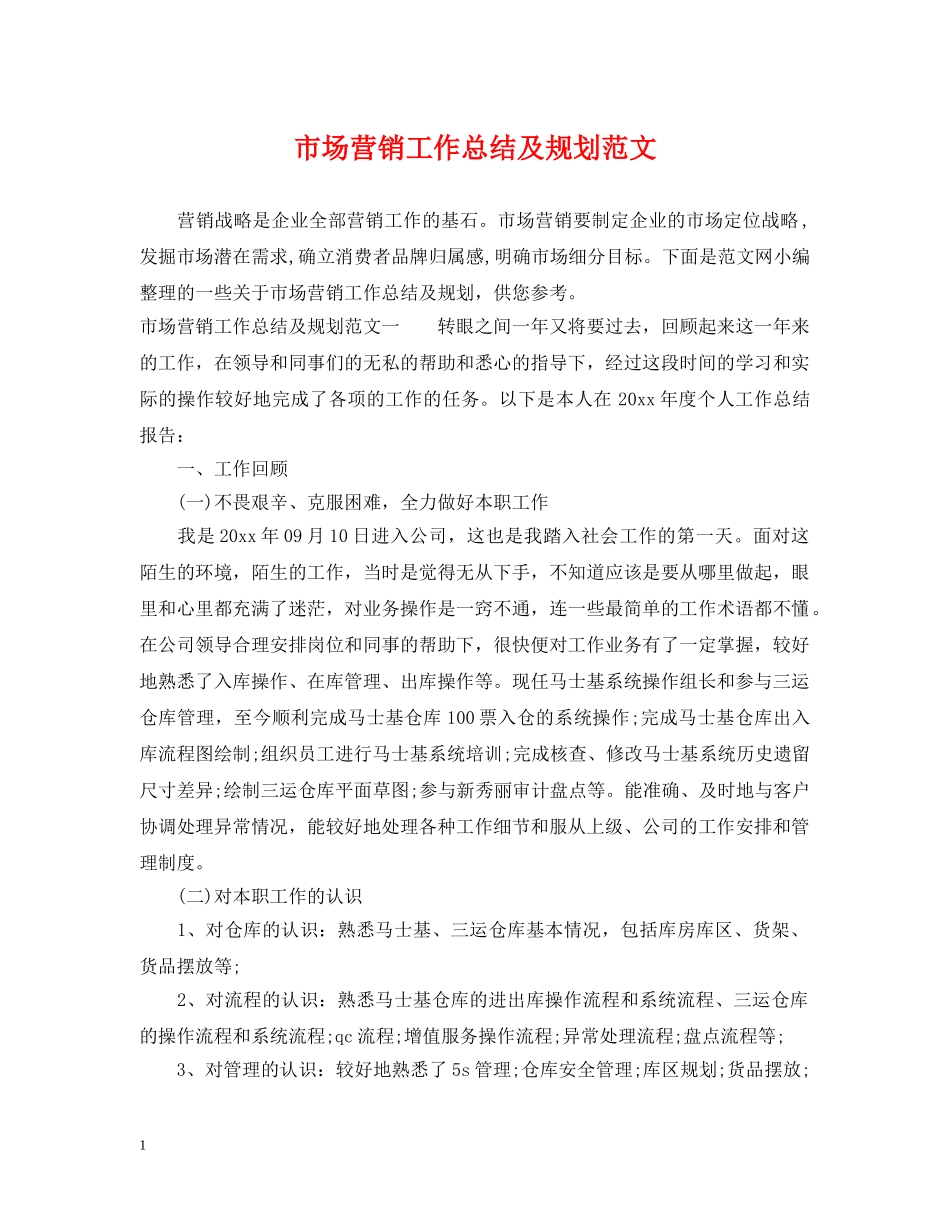 市场营销工作总结及规划范文 _第1页