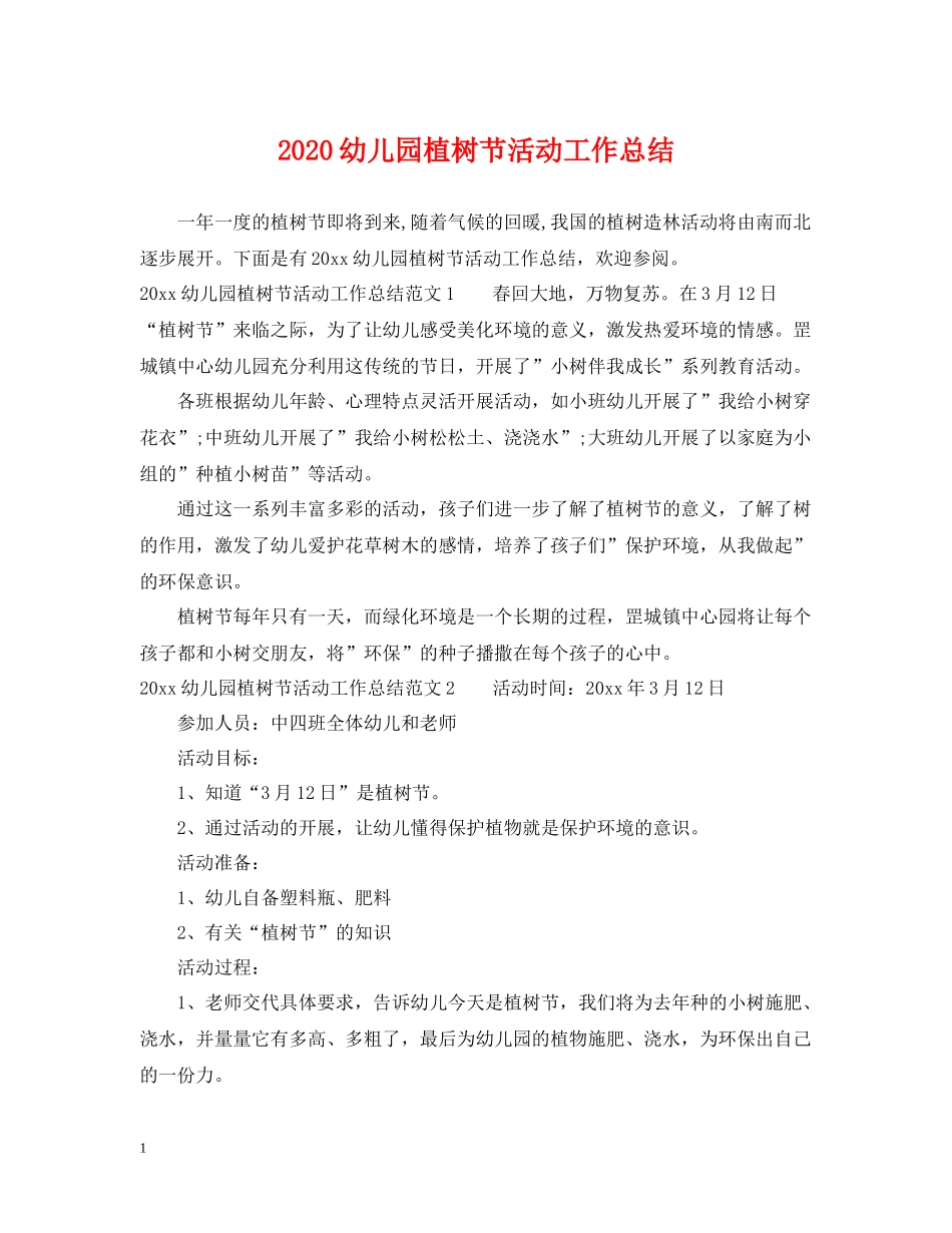 幼儿园植树节活动工作总结_第1页