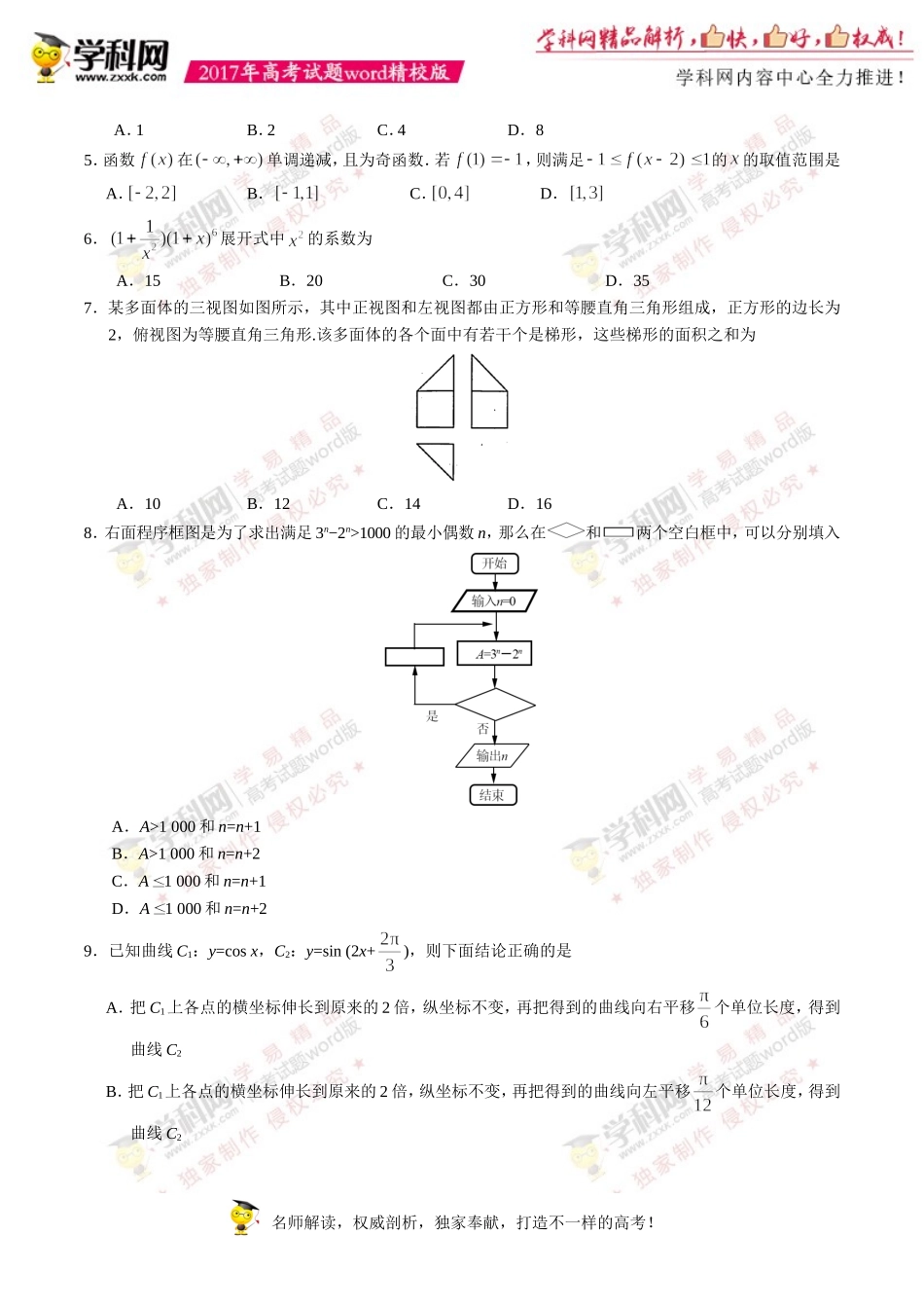 （精校版）2017年新课标Ⅰ理数高考试题文档版（含答案）_第2页