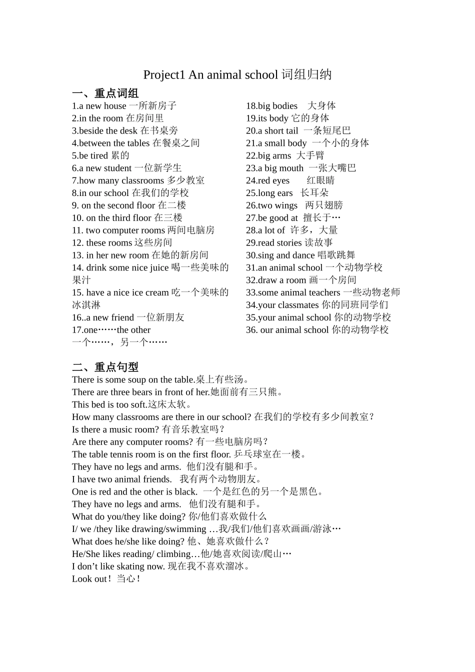 五上project1Ananimalschool词组归纳_第1页