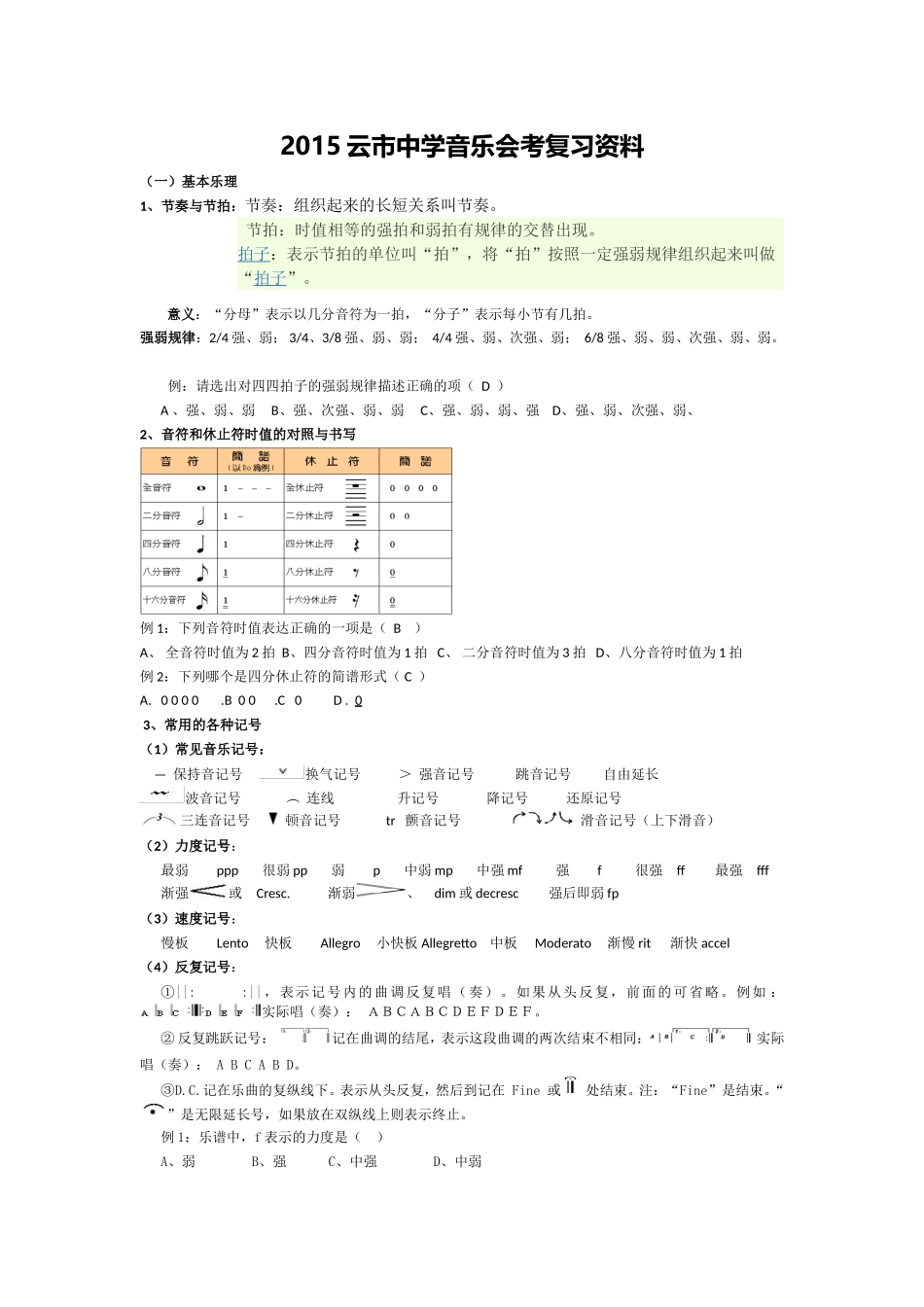 2015云市初中音乐毕业会考复习资料_第1页