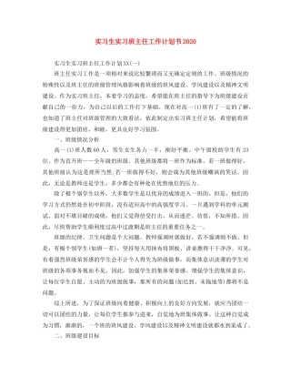 实习生实习班主任工作计划书2020 