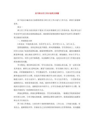 实习班主任工作计划范文两篇 