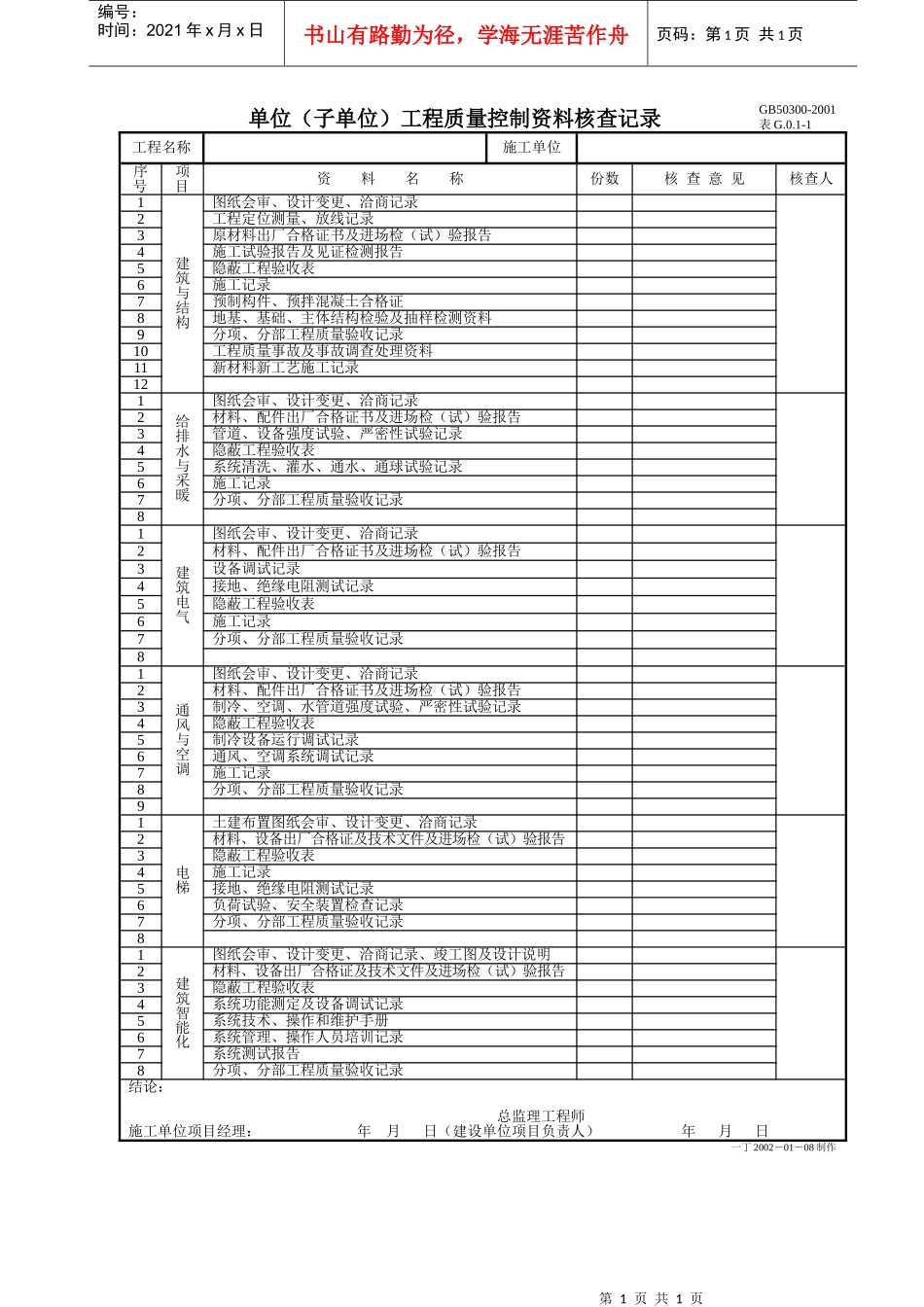 单位工程质量控制资料核查记录a_第1页