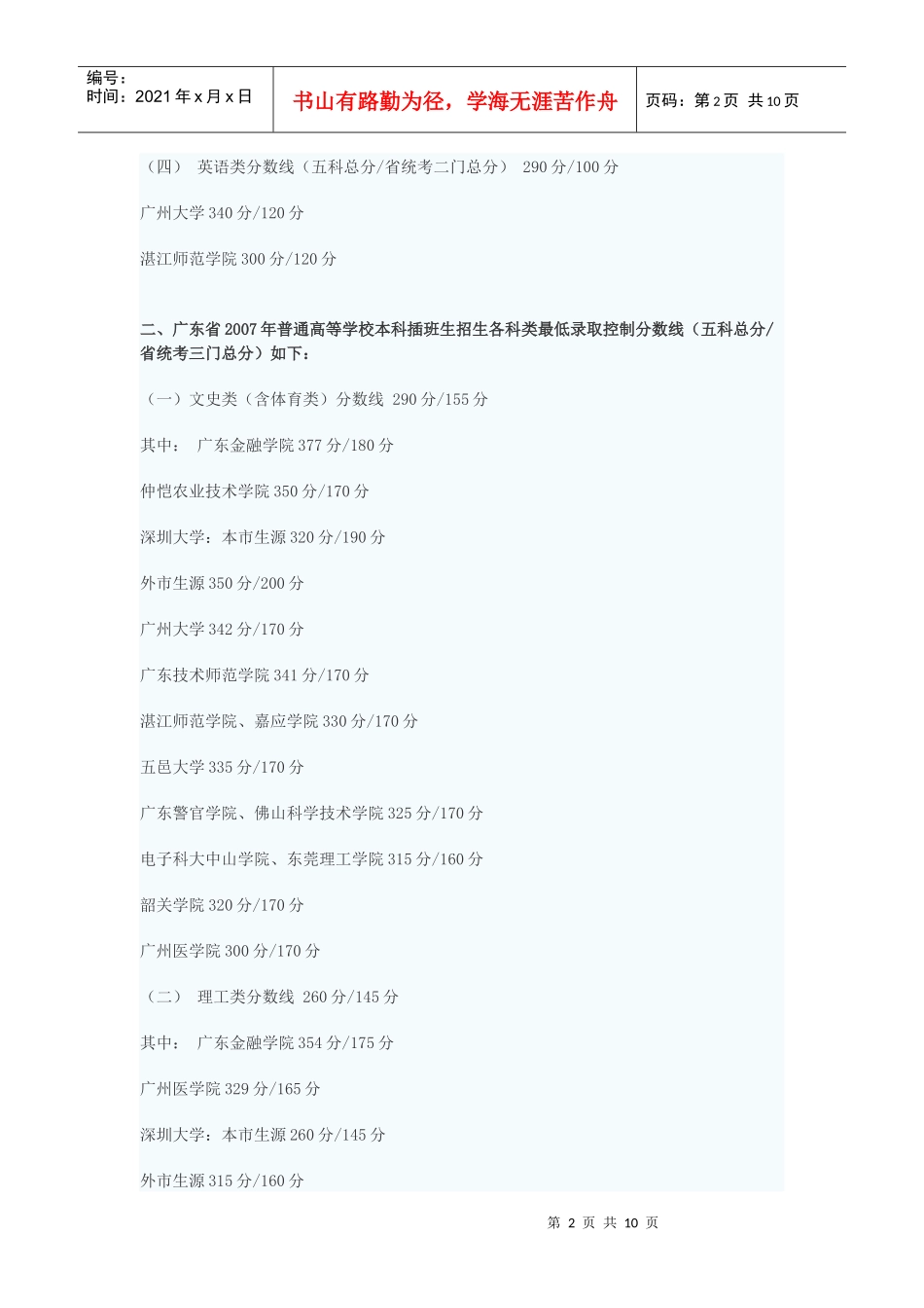 广东省专插本考试历年最低录取控制分数线_第2页