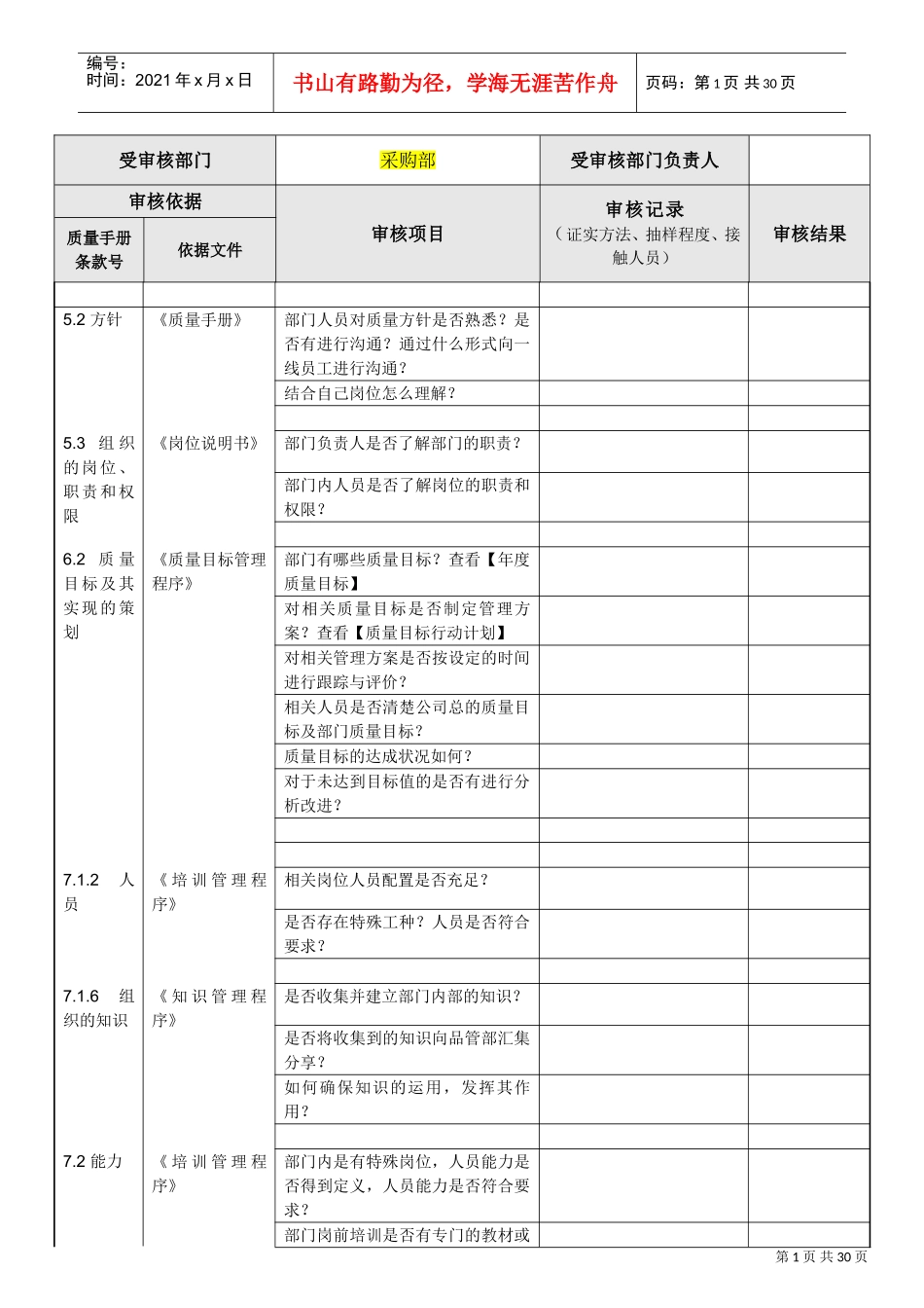 ISO内部审核检查表(DOC30页)_第1页