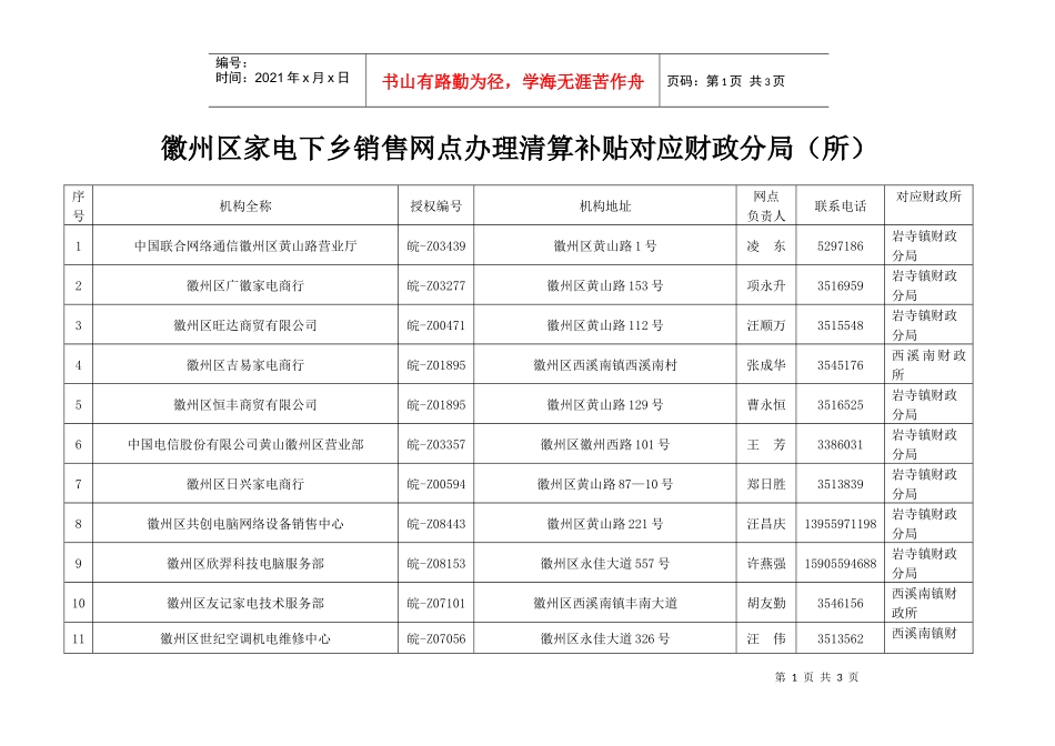 徽州区家电下乡销售网点办理清算补贴对应财政分局(所)_第1页