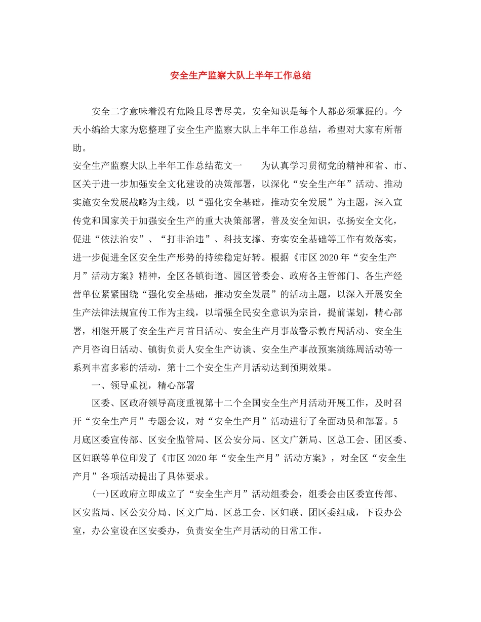 安全生产监察大队上半年工作总结_第1页
