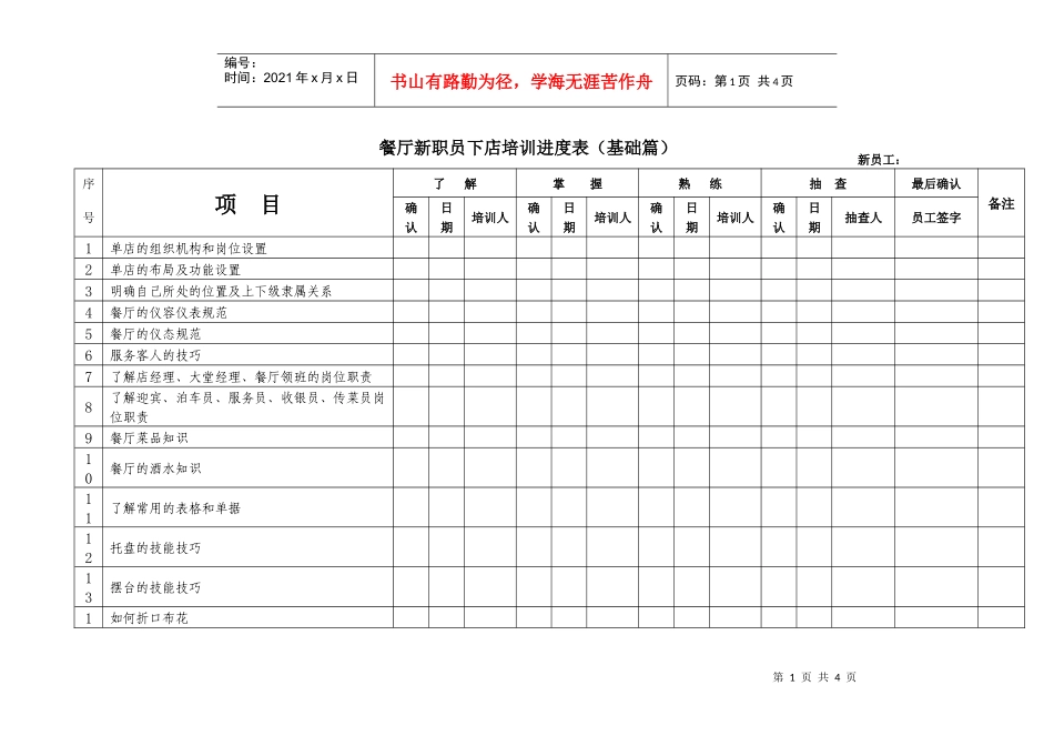 餐厅新职员下店培训进度表_第1页