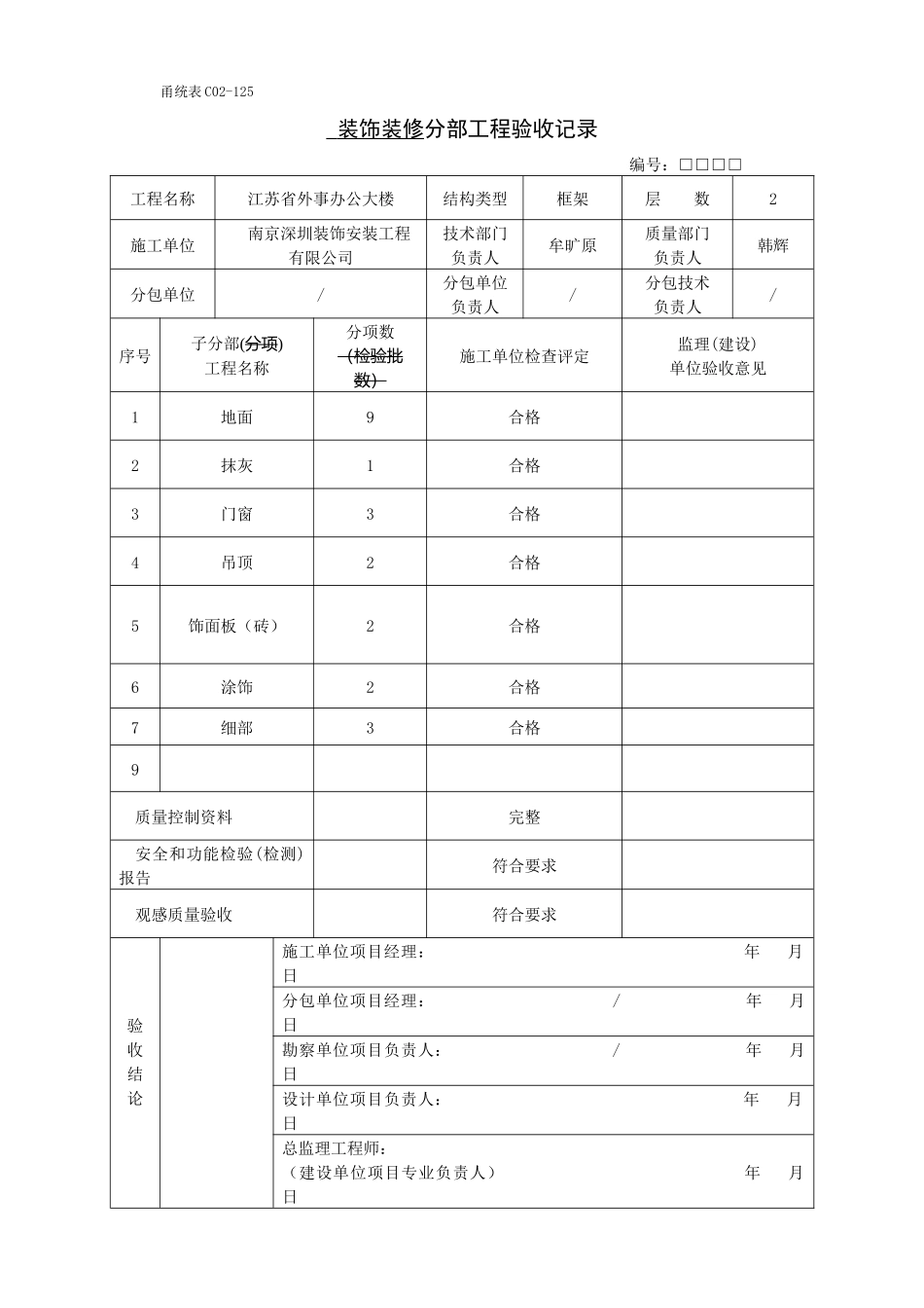 宁波某办公楼装饰工程分部(子分部)分项工程验收记录表(_第1页