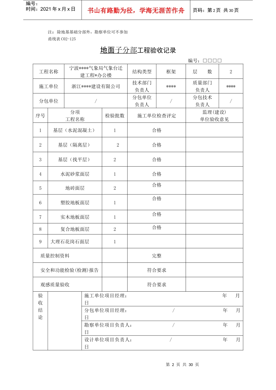 宁波某办公楼装饰工程分部(子分部)分项工程验收记录表(_第2页