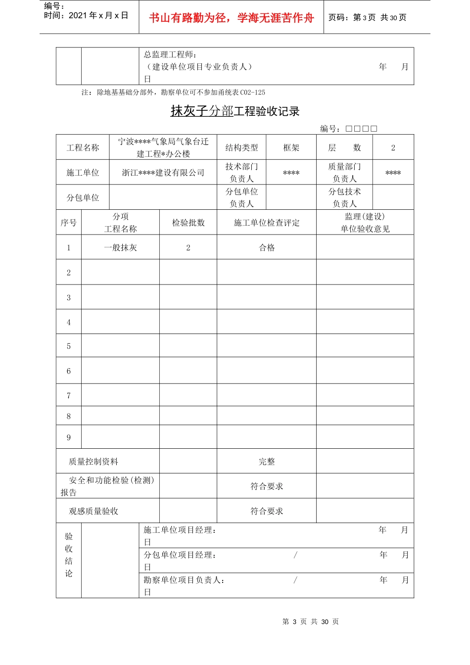 宁波某办公楼装饰工程分部(子分部)分项工程验收记录表(_第3页