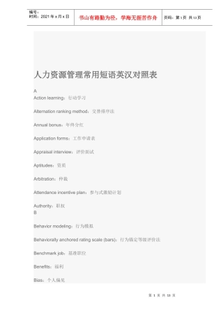 人力资源管理短语英汉对照表