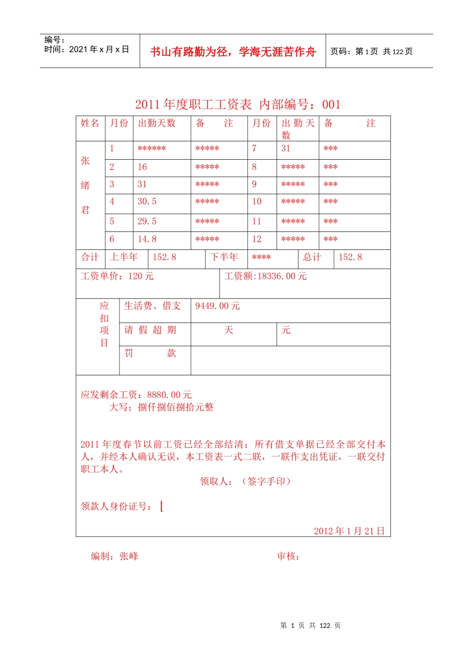 职工个人 工资表_第1页