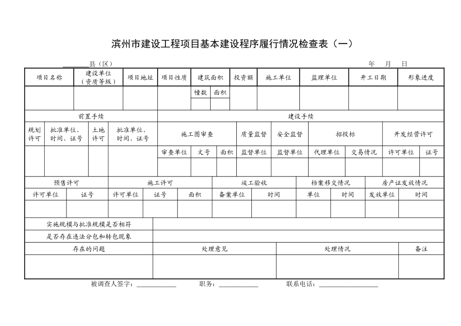 滨州市建设工程项目基本建设程序履行情况检查表(一)_第1页