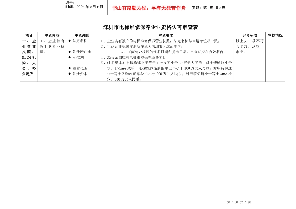 深圳市电梯维修保养企业资格认可审查表_第1页