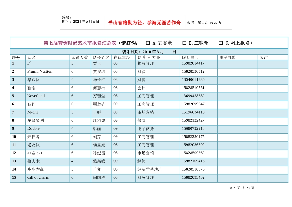 第七届营销时尚艺术节报名汇总表（请打钩：A五谷堂B三味堂_第1页