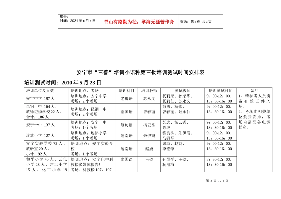 安宁市三普培训小语种第三批培训测试时间安排表_第2页