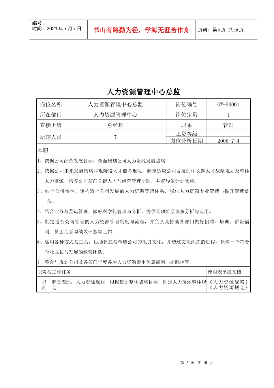 人力资源管理中心组织架构图、人员编制表及岗位说明书_第3页