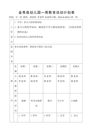 金秀县幼儿园一周教育活动计划表
