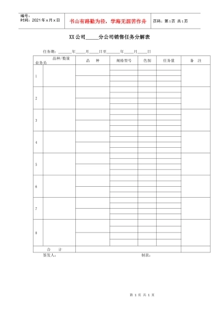 XX公司分公司销售任务分解表