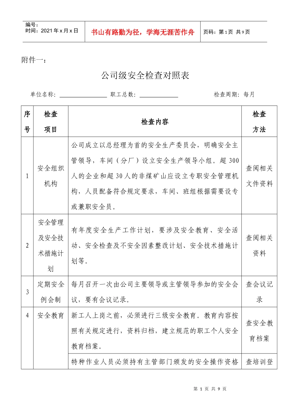 企业三级安全检查对照表_第1页
