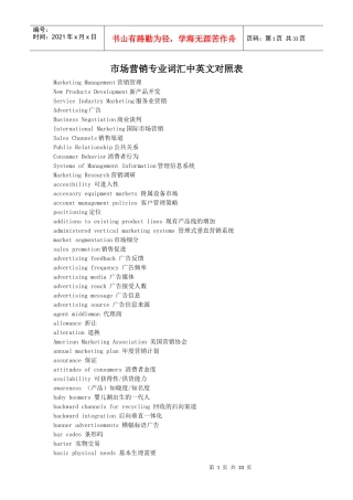市场营销学专业课程汉英对照表