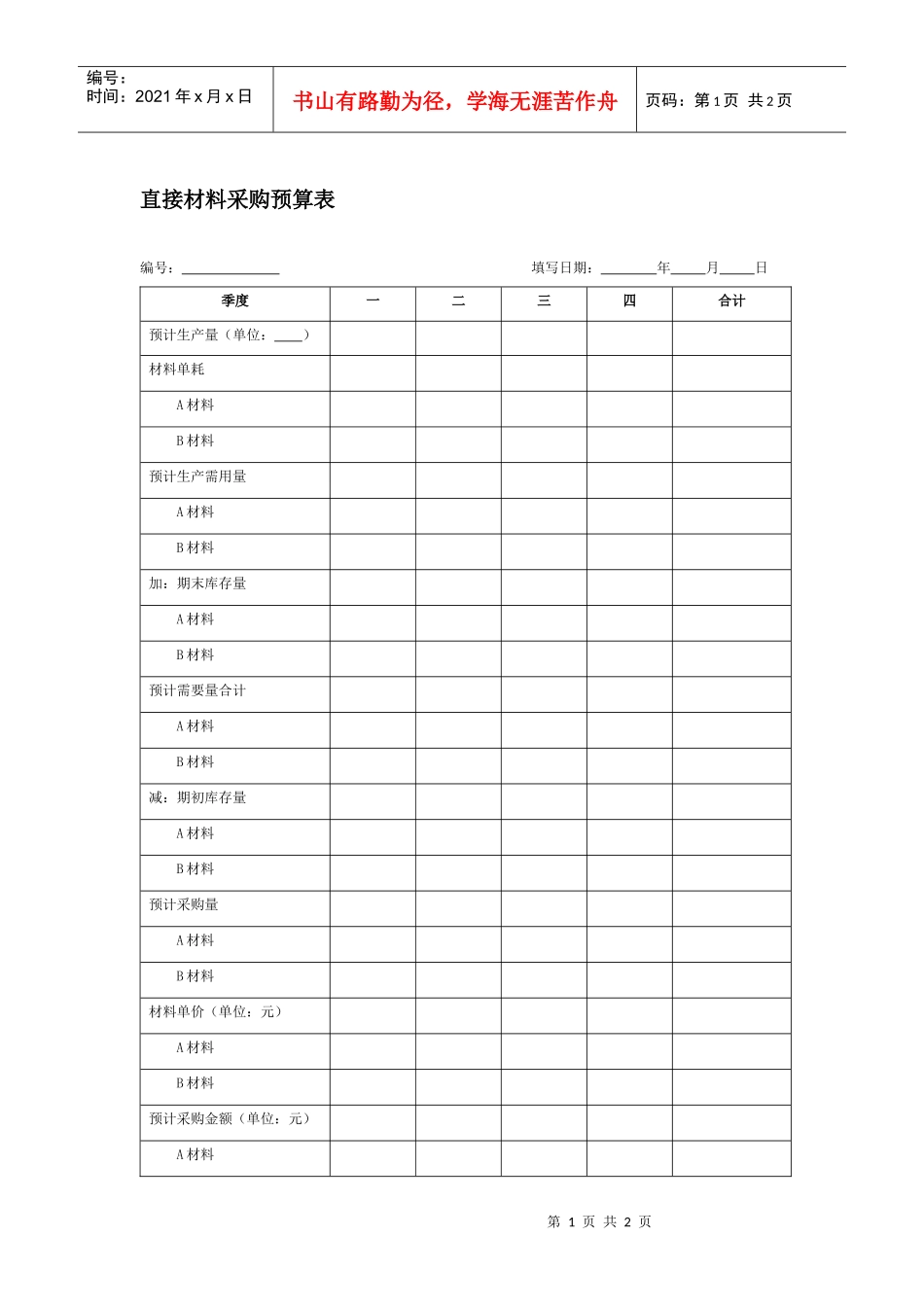 直接材料采购预算表_第1页