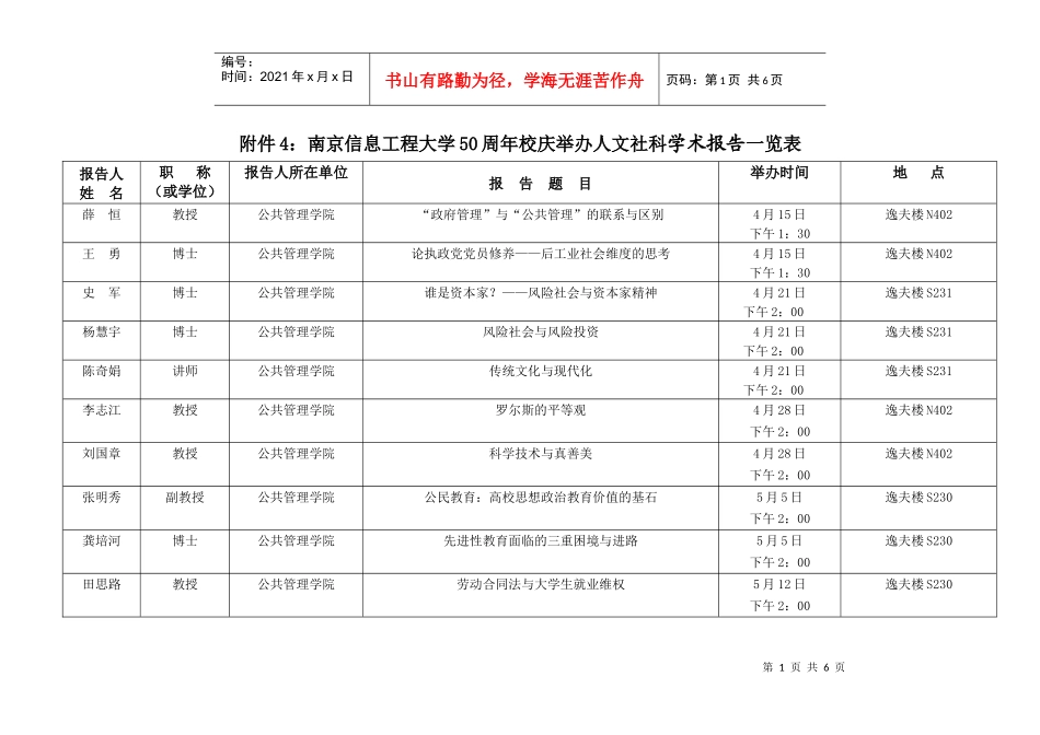 南京信息工程大学50周年校庆举办阅江论坛计划表_第1页