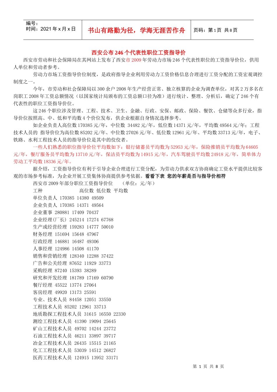 西安公布246个代表性职位工资指导价_第1页