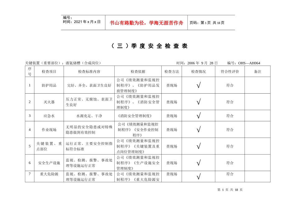 关键装置季度安全检查表安全032_第1页