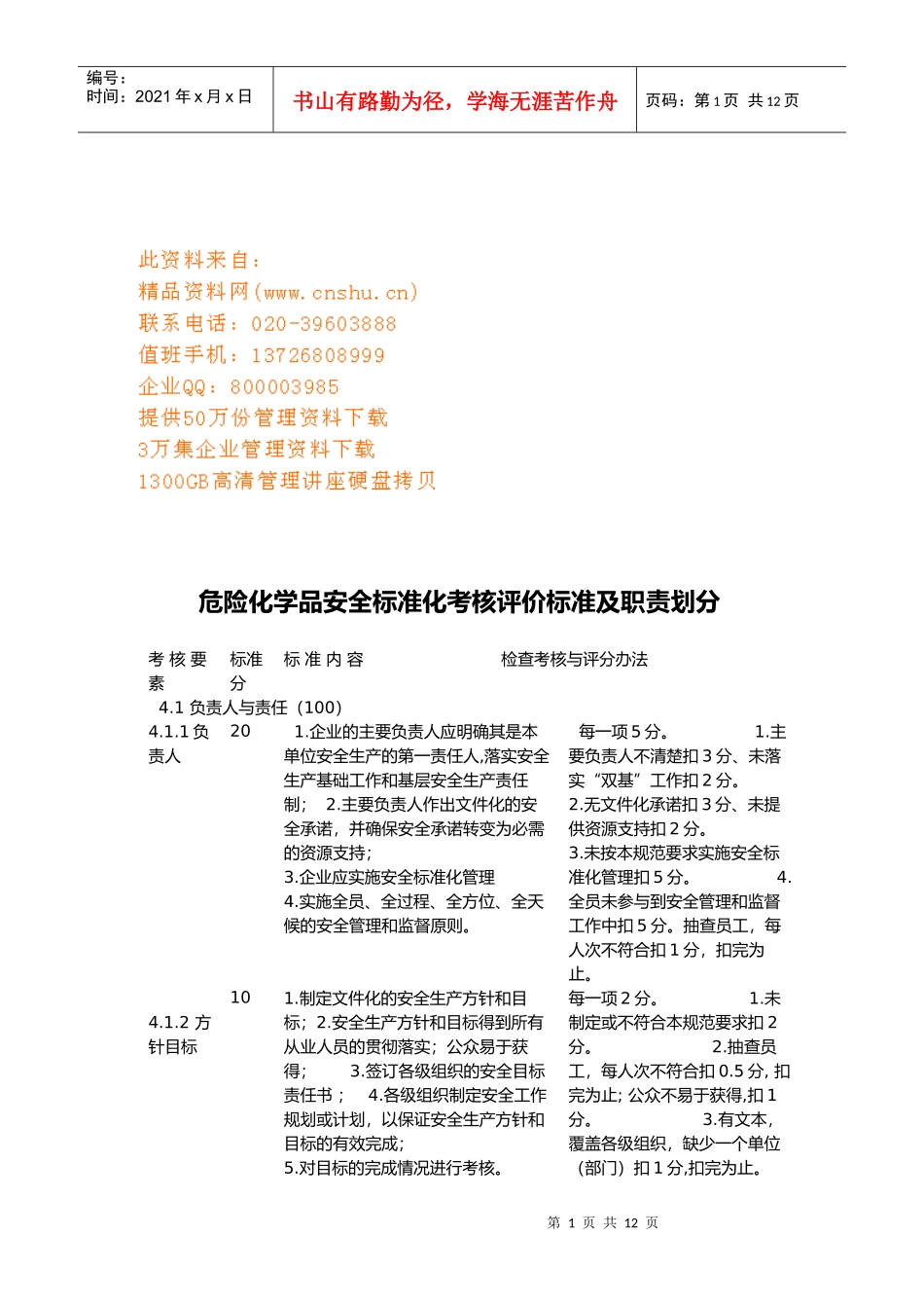 危险化学品安全标准化考核评价标准与职责划分_第1页