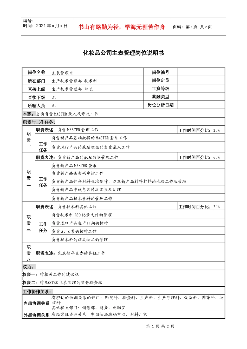 化妆品公司主表管理岗位说明书._第1页