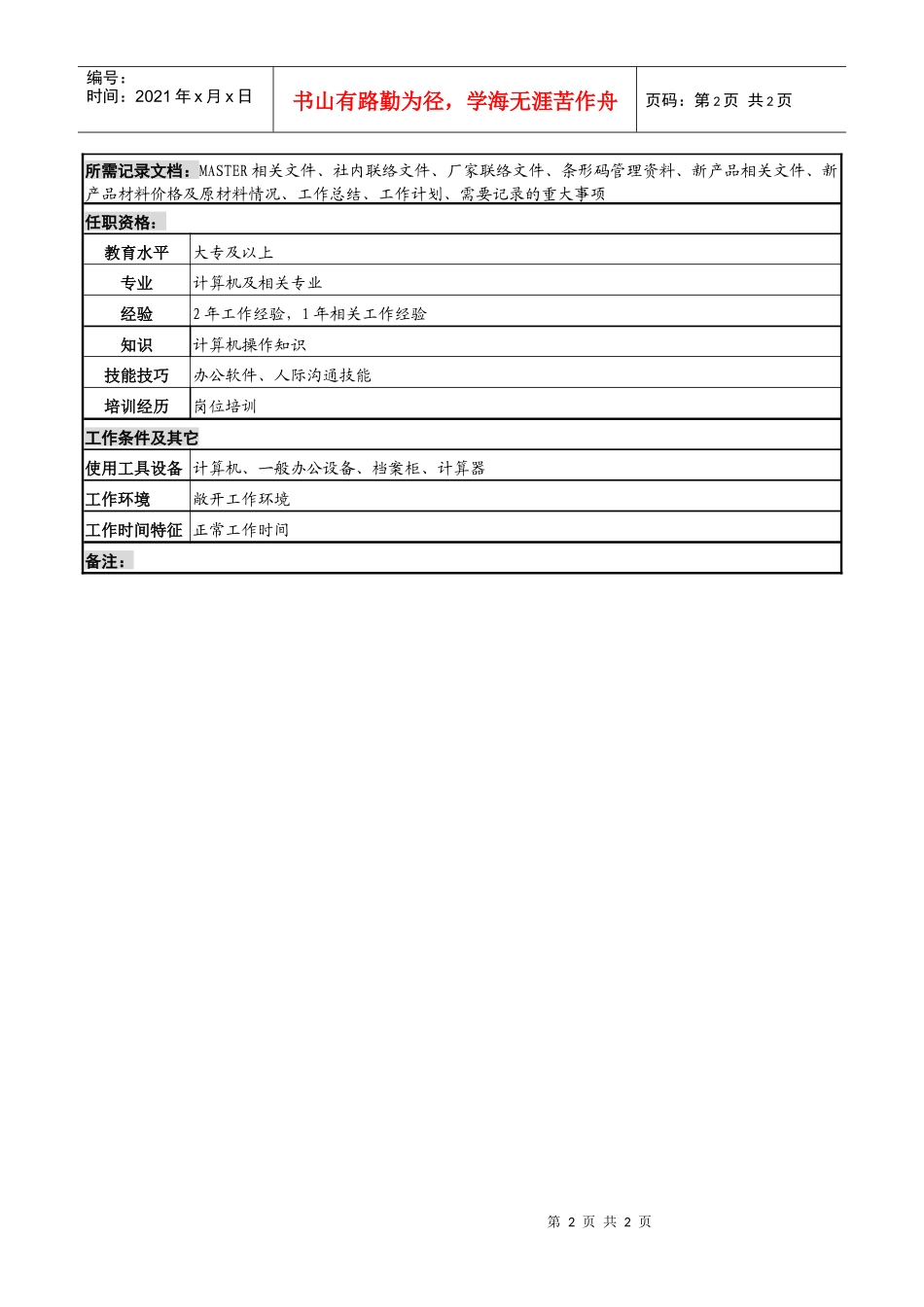 化妆品公司主表管理岗位说明书._第2页