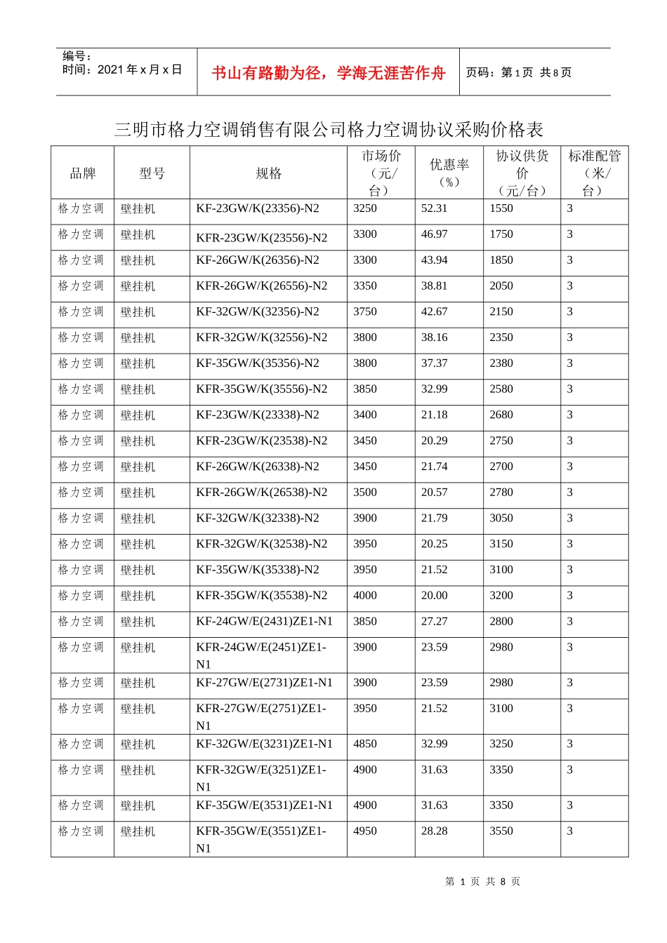三明市格力空调销售有限公司格力空调协议采购价格表_第1页